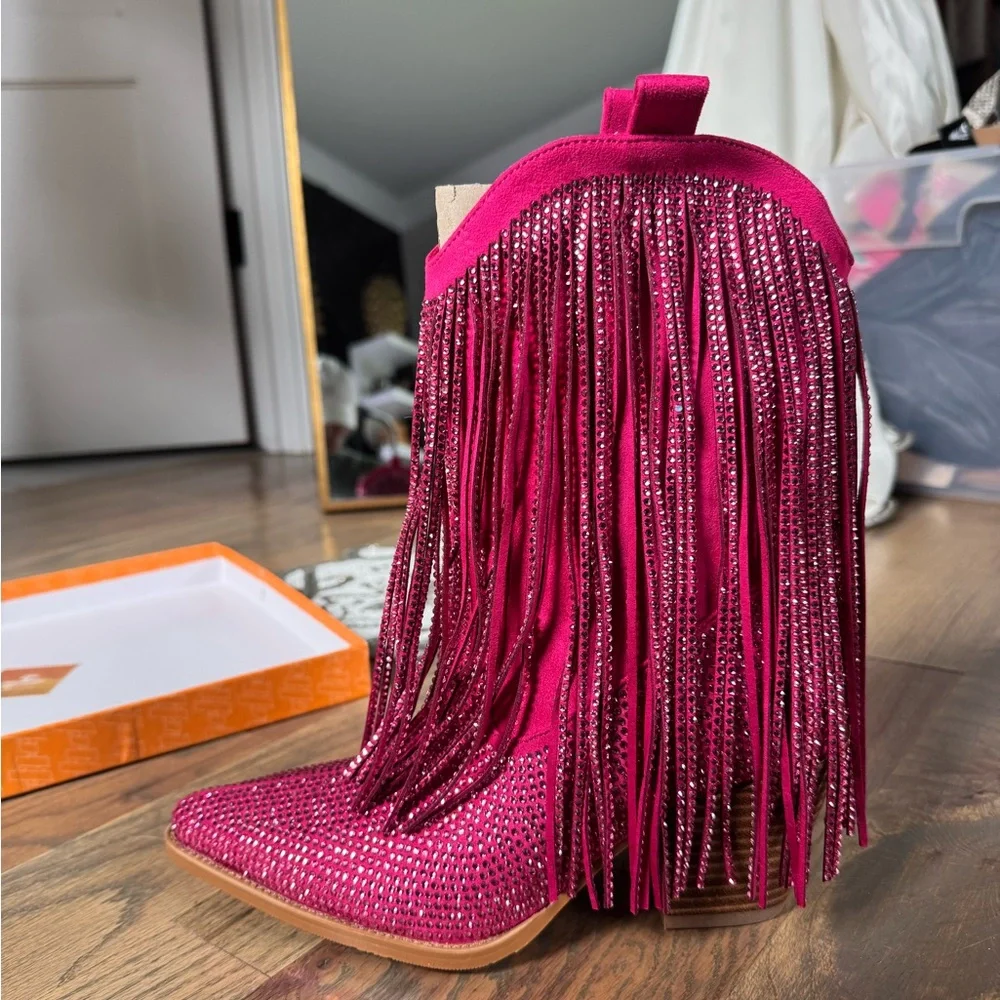 Ouepiano | Pink Rhinestone Fringe Women's Boots - Picture 3 of 5